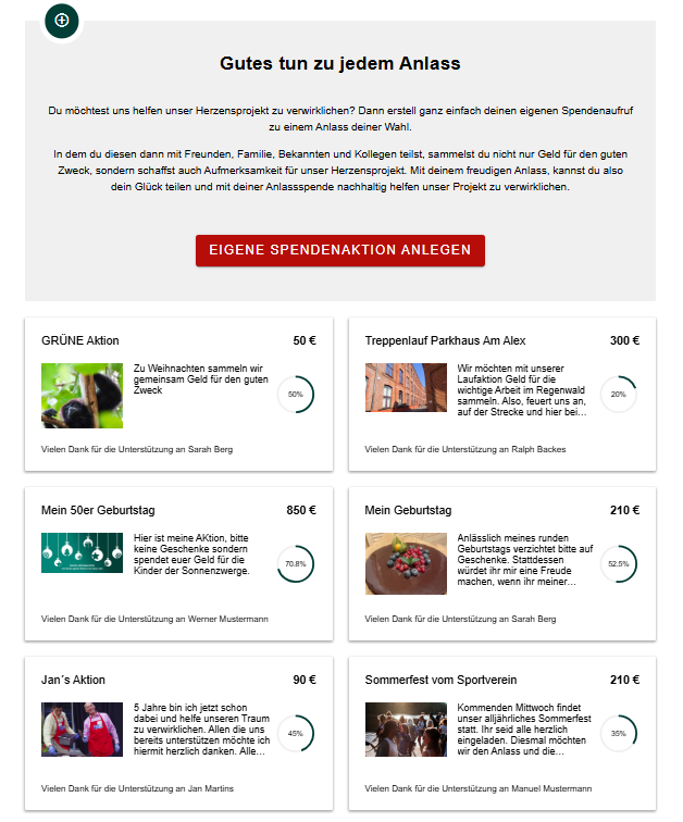 Screenshot von Spendenaktionen mit Zielbetrag und angezeigtem aktuellen Spendenstand
