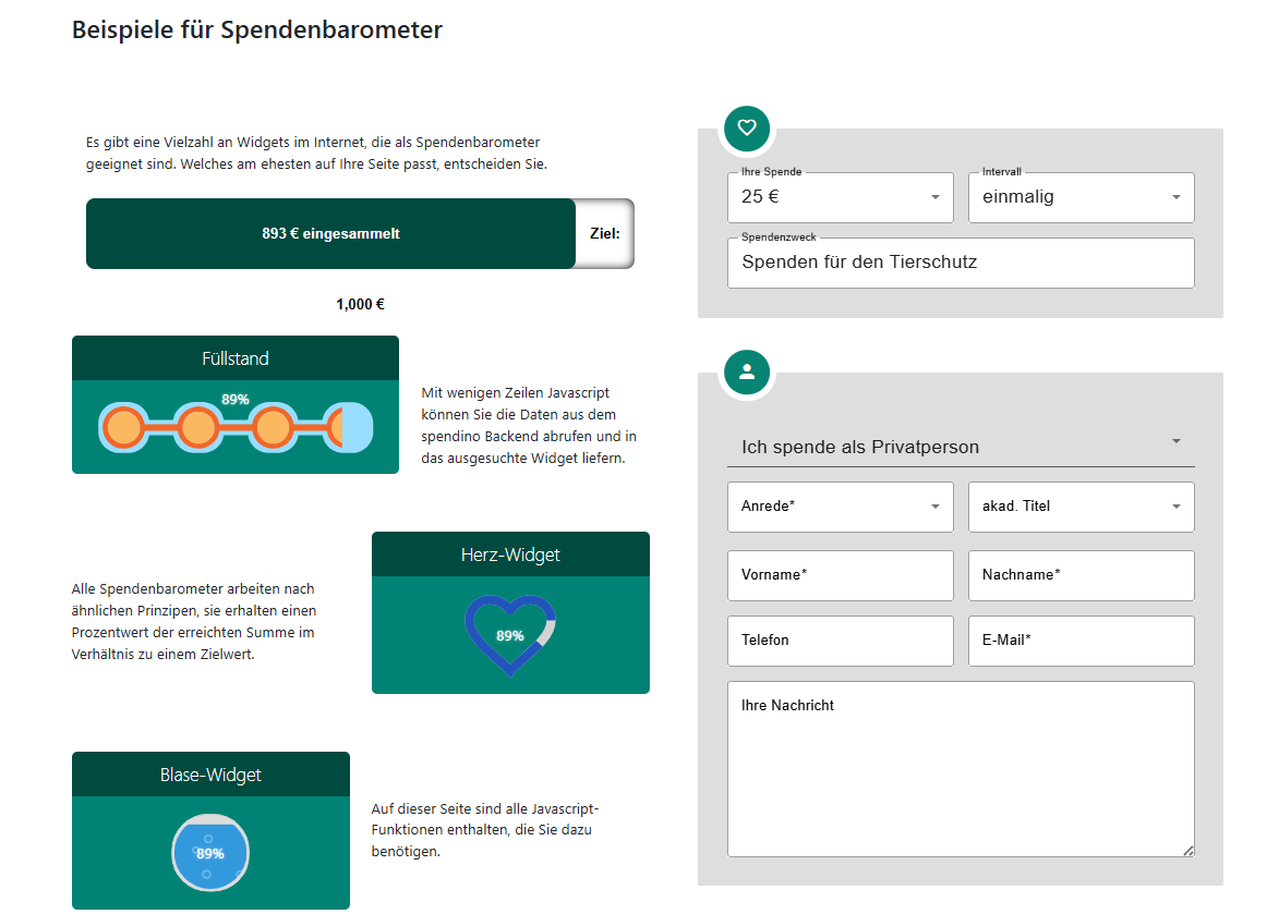 Online-Spendenformular von GRÜN spendino mit vier unterschiedlichen Spendenbarometer-Beispielen