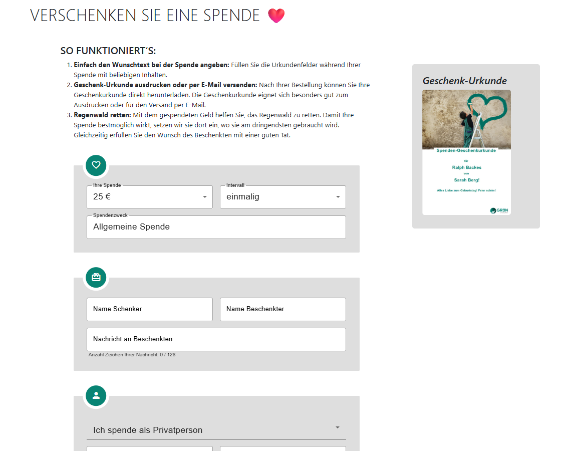 Screenshot eines GRÜN spendino Online-Spendenformulars mit ausgefüllten Feldern und angezeigter Spendenurkunde